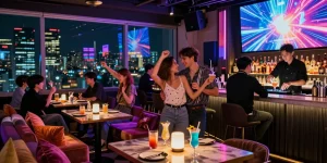 Experience vibrant parties at 상봉동 한국관나이트 with stylish patrons enjoying cocktails and dancing in a lively atmosphere.