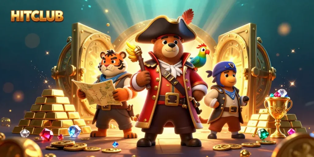Hitclub showcases a lavish scene of treasure with a fun pirate bear, tiger, and parrot, capturing excitement in gaming.
