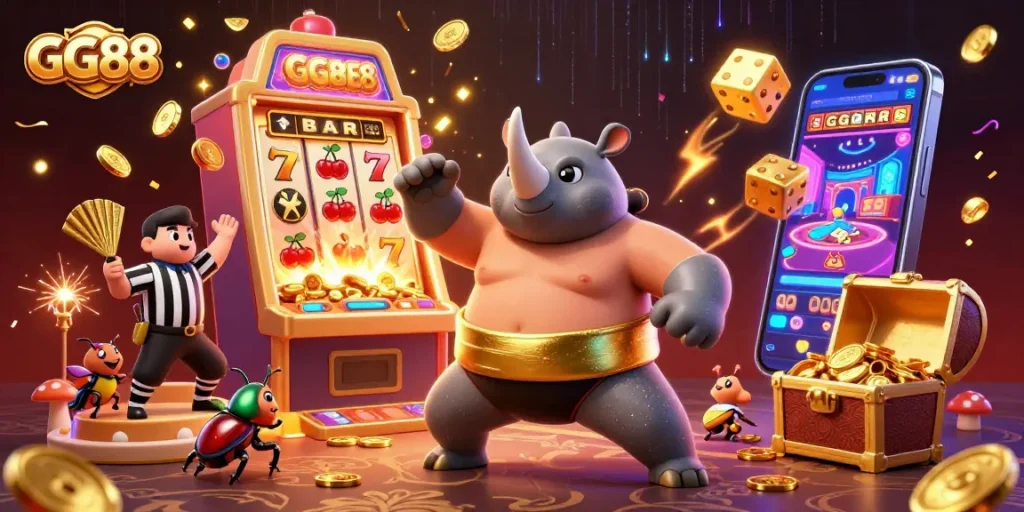 GG88 showcases a vibrant casino scene with a sumo beetle champion, golden coins, and dynamic slot machines.