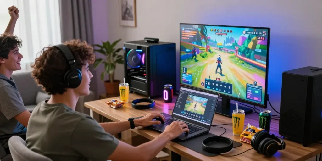 NAGA2000: Topup akun game dengan QRIS gratis biaya admin setiap hari menunjukkan gamer antusias di ruang bermain dengan aksesoris permainan.