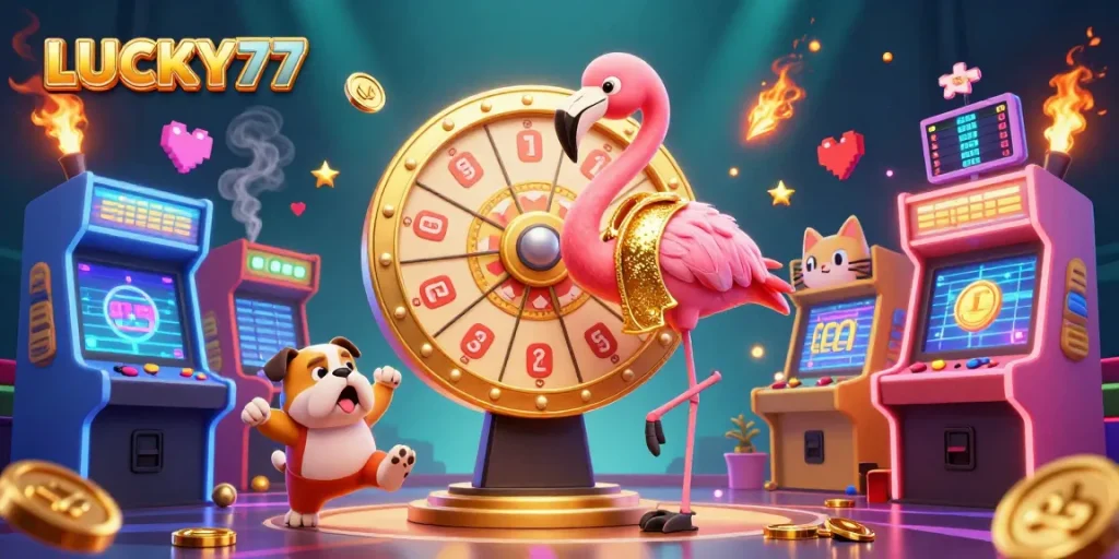 Join the excitement at LUCKY77 as a game show host in a golden jacket spins the prize wheel!