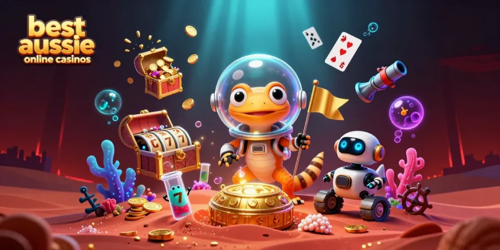 Explore the captivating world of the best aussie online casinos in a vibrant 3D illustration featuring a Martian gecko.