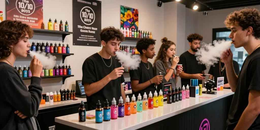 Engaging lifestyle scene of diverse young adults exploring THC vape The 10/10 Boys flavors in a vibrant vape shop.