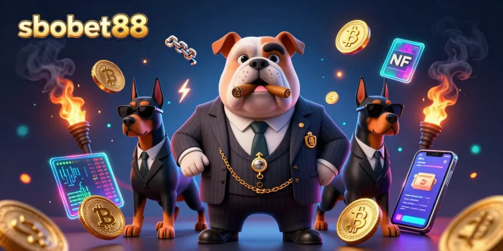 Engage in sbobet88's thrilling gameplay with our 3D mafia-themed casino illustration showcasing crypto excitement.
