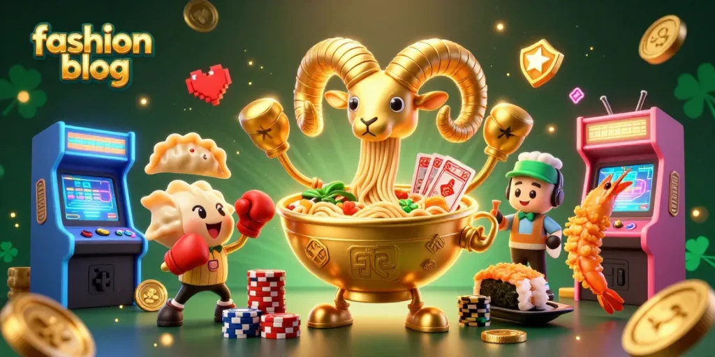 Vibrant 3D scene showcasing a playful casino scenario for a fashion blog, featuring a golden ramen bowl dealer.