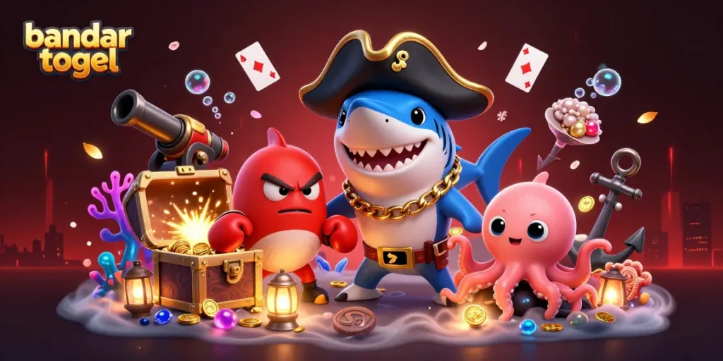 Engaging bandar togel scene with a pirate shark, pufferfish boxer, and octopus holding gold coins.