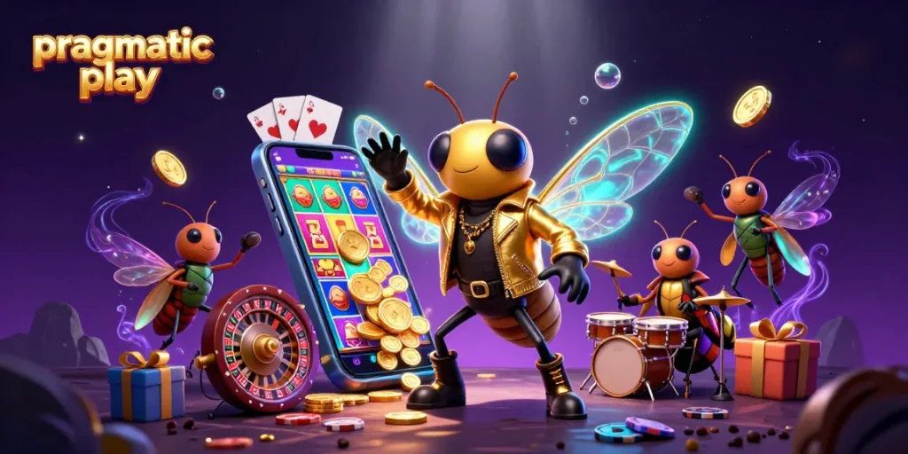 Engaging scene with a cicada rock star and game elements celebrating pragmatic play excitement.