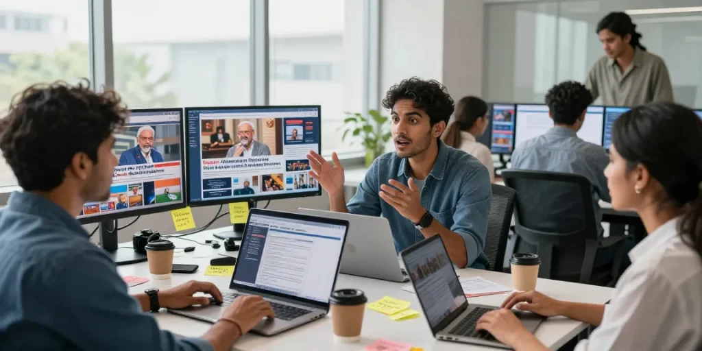 Diverse news team engaging in dynamic discussions about current events at https://www.theindaily.com newsroom.
