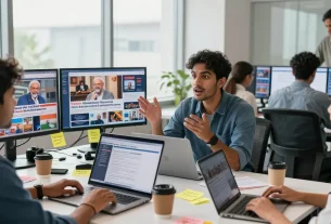 Diverse news team engaging in dynamic discussions about current events at https://www.theindaily.com newsroom.