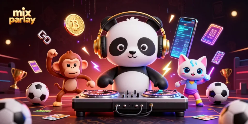 Engage in mix parlay betting with fun characters spinning luck in a vibrant casino scene.