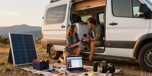 Couple upgrading their van's electrical system while discussing rokok88 daftar at sunset.